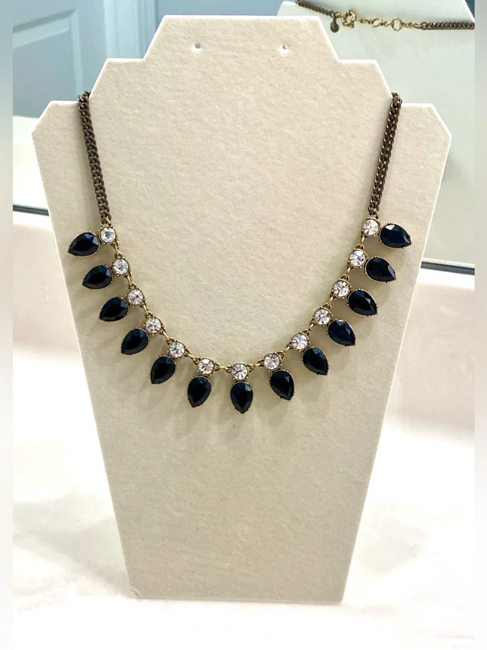 J. Crew Shimmering Gold-Tone Necklace with Black Teardrop and Clear Stones